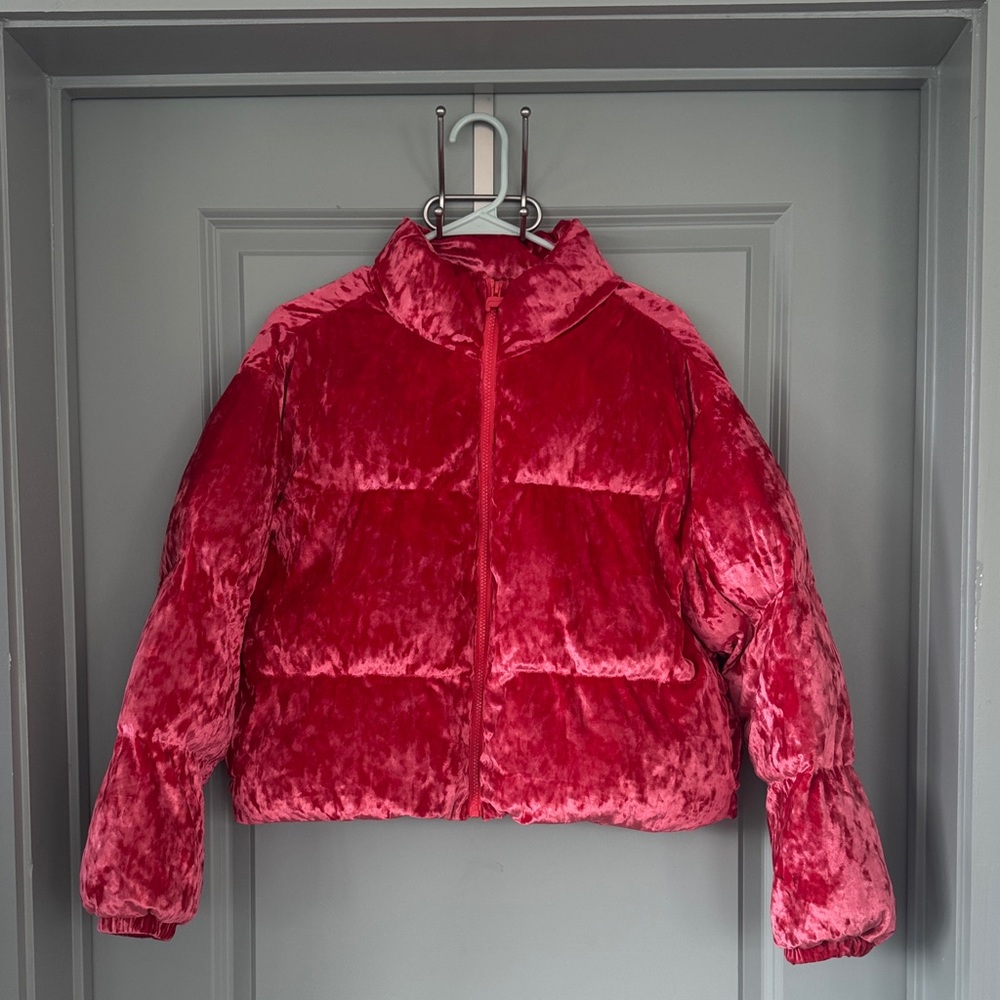 Fabletics Red Velvet Puffer Jacket – Women’s Winter Coat Small